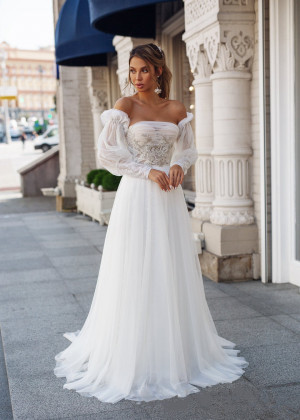 Off Shoulder Beaded Lace Satin Wedding Dress